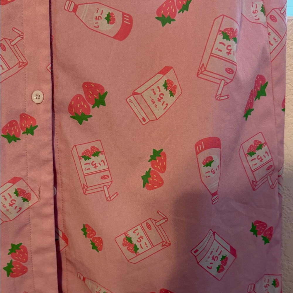ROMWE Kawaii Strawberry Milk Graphic Button Down Shirt - Picture 4 of 8